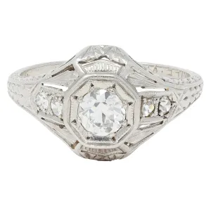 1926 Art Deco 0.38 CTW Old European Diamond Platinum Vintage Starburst Engagement Ring