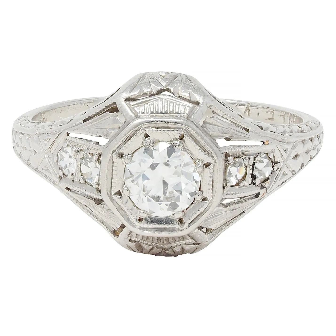 1926 Art Deco 0.38 CTW Old European Diamond Platinum Vintage Starburst Engagement Ring