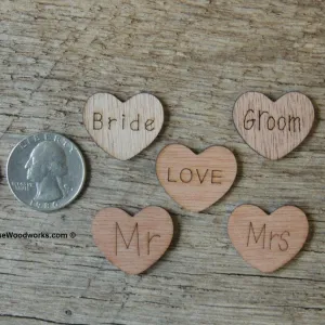 500 Wood Hearts ~ Love, Mr, Mrs, Bride, Groom 1 inch