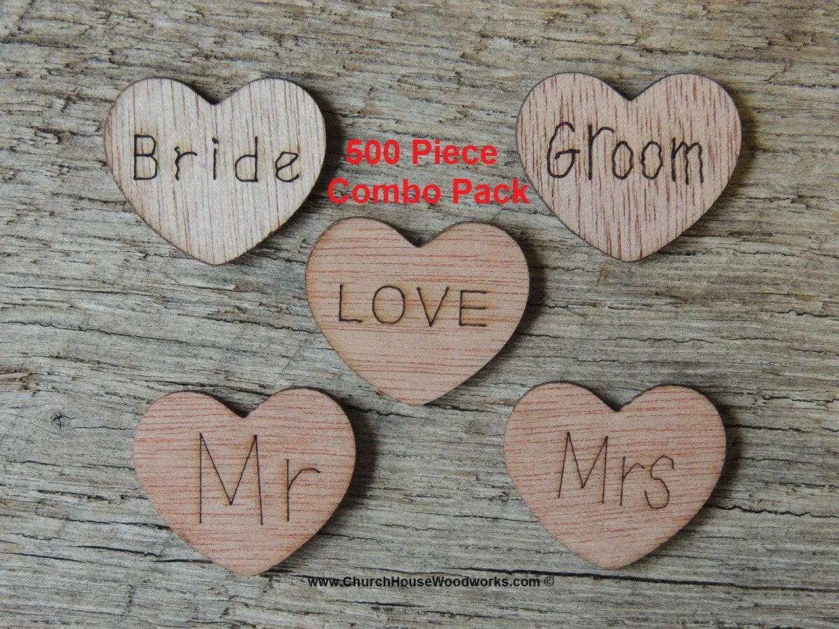 500 Wood Hearts ~ Love, Mr, Mrs, Bride, Groom 1 inch