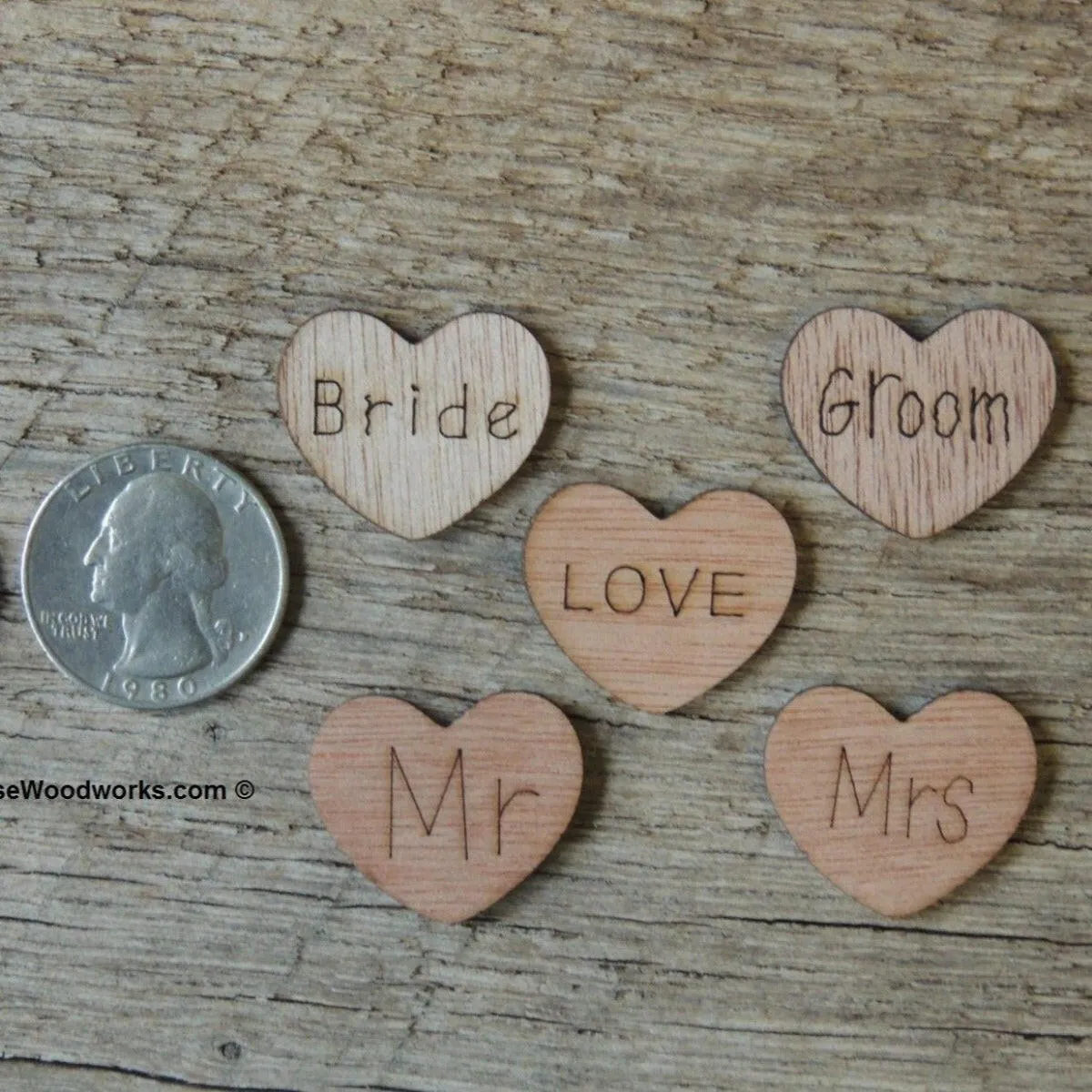 500 Wood Hearts ~ Love, Mr, Mrs, Bride, Groom 1 inch