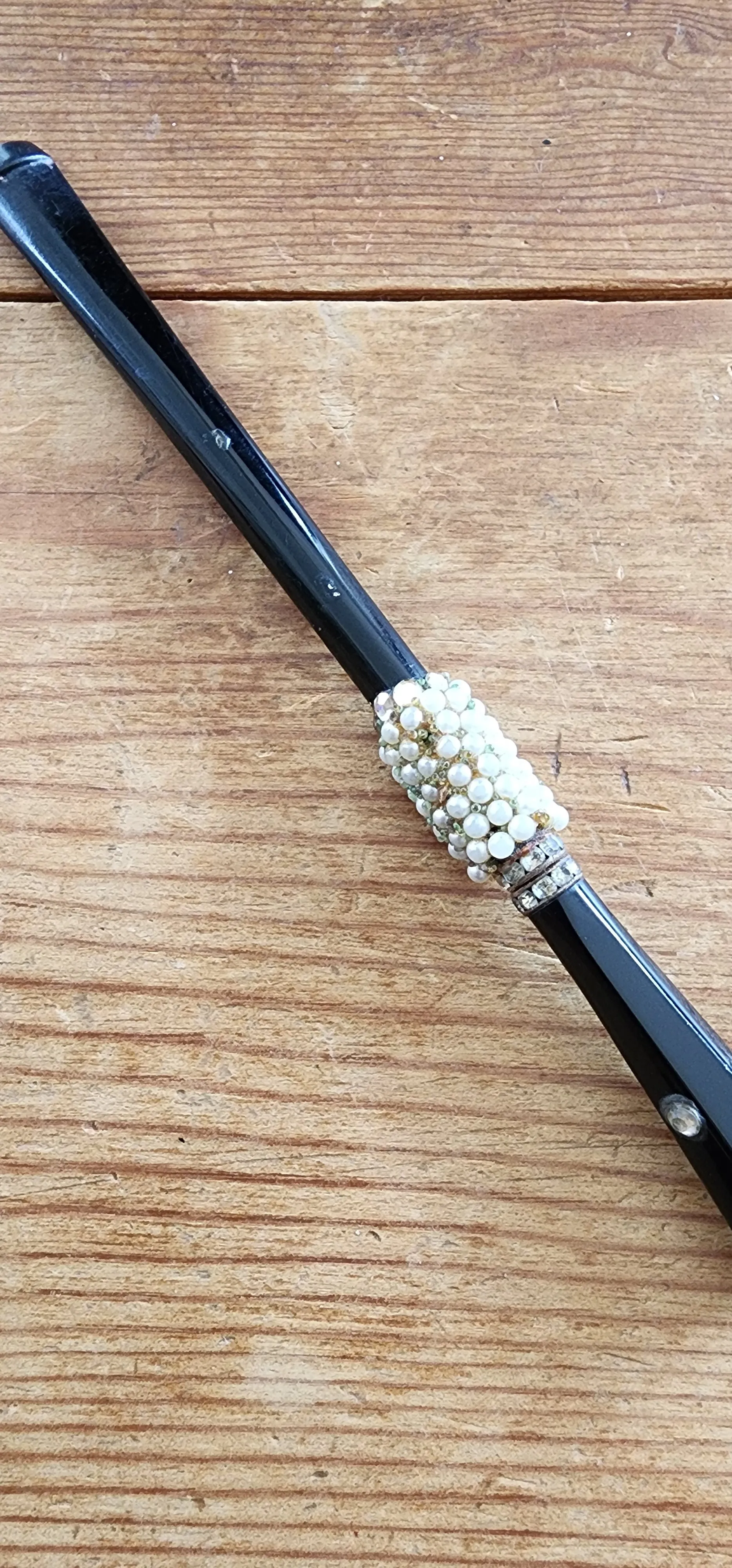 50s Black Cigarette Holder w/Rhinestones & Pearl Bead Austria
