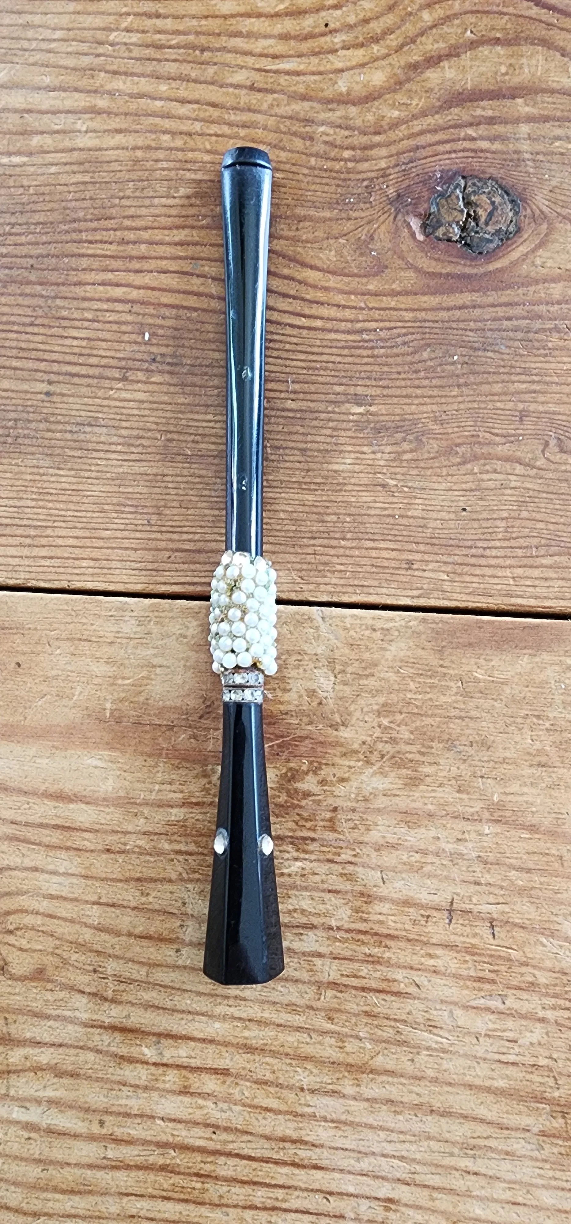 50s Black Cigarette Holder w/Rhinestones & Pearl Bead Austria