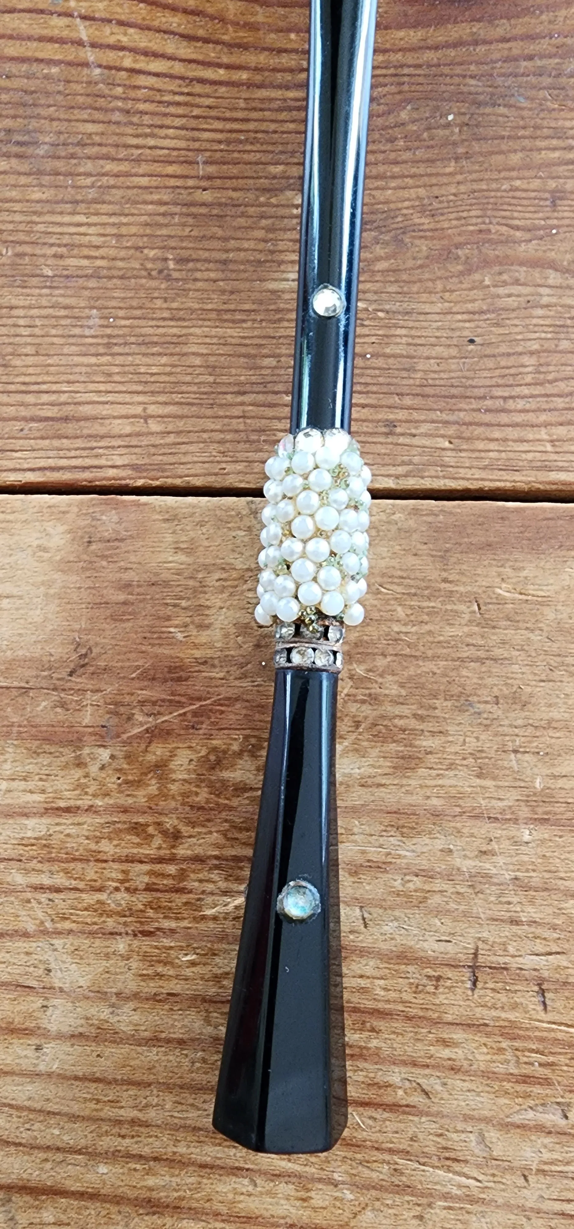 50s Black Cigarette Holder w/Rhinestones & Pearl Bead Austria