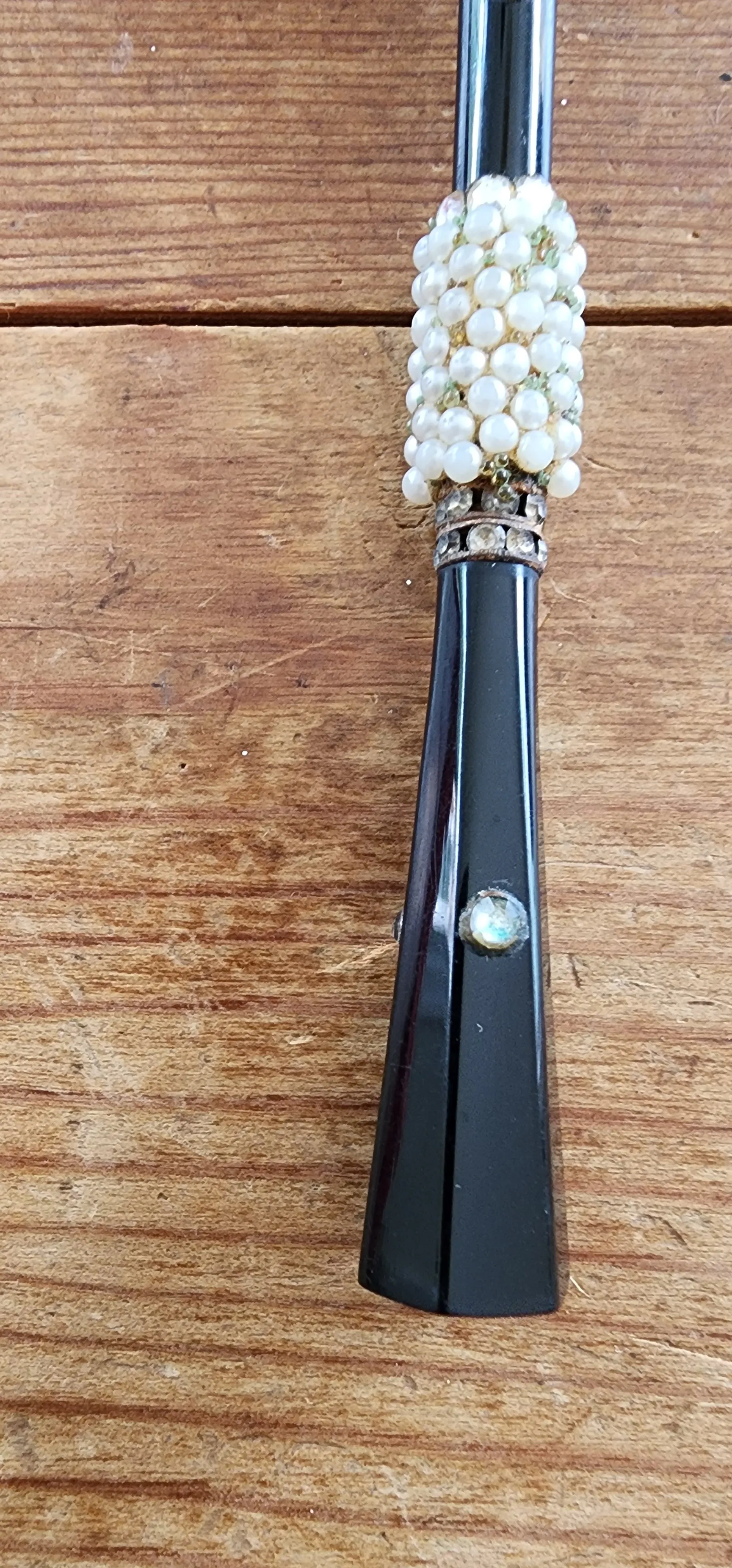 50s Black Cigarette Holder w/Rhinestones & Pearl Bead Austria