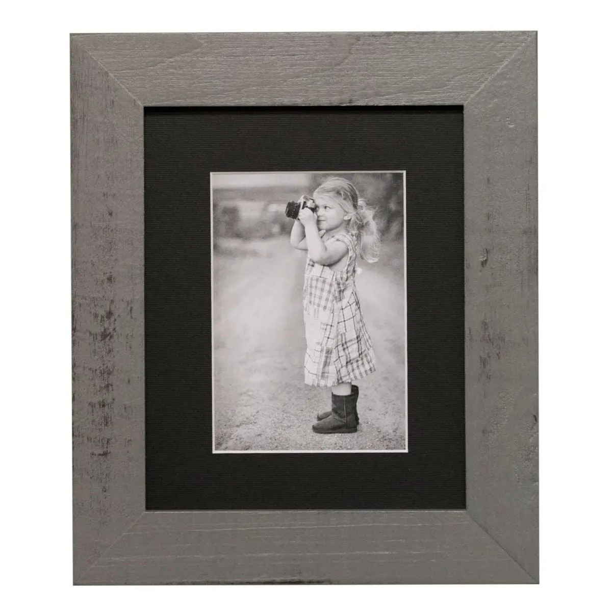 8x10 Grey Distressed Wood Frame, Black Mat