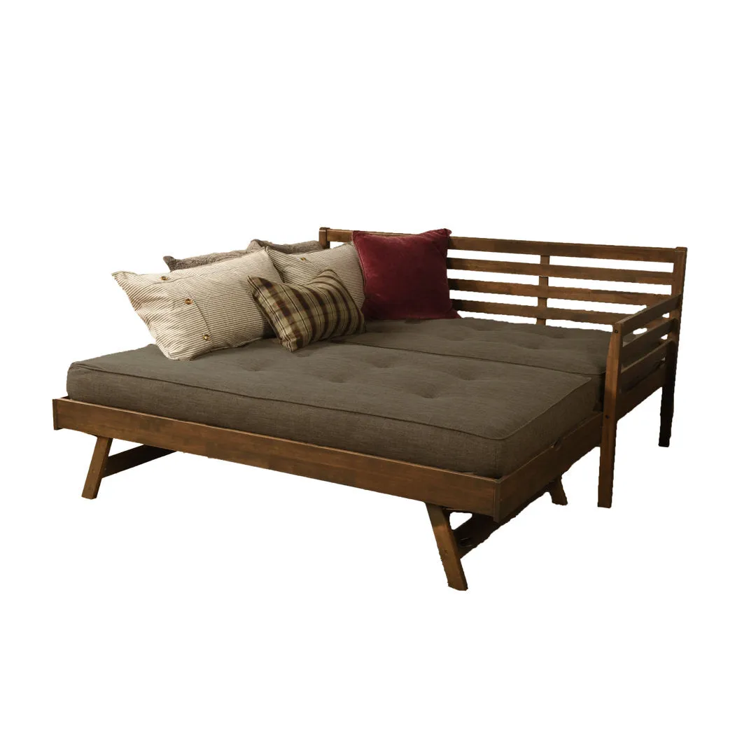 Alhamdi Boho Daybed and Pop-Up Bed with Mattresses Lark Manor™ Frame Color: Rustic Walnut, Mattress Color: Linen Charcoal