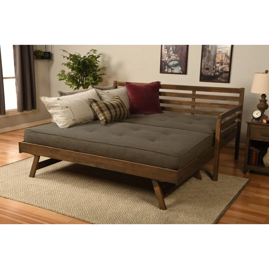 Alhamdi Boho Daybed and Pop-Up Bed with Mattresses Lark Manor™ Frame Color: Rustic Walnut, Mattress Color: Linen Charcoal