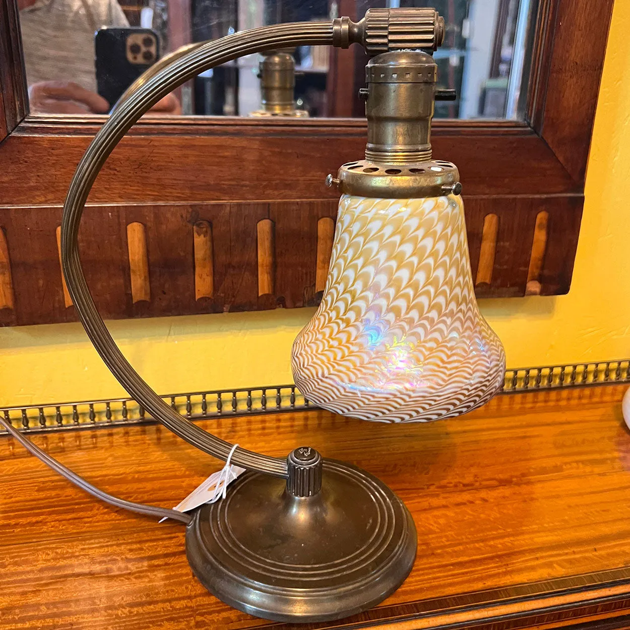 American Fostoria Art Glass Zipper Pattern Iridescent Gold Lamp Shade