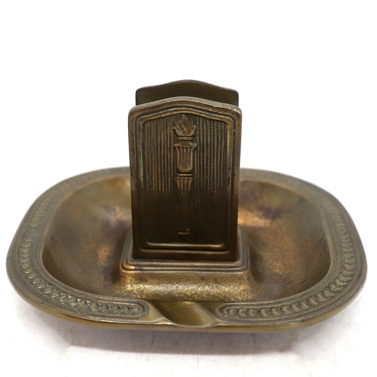 American Tiffany Studios Bronze Matchbox Holder and Ashtray Stand