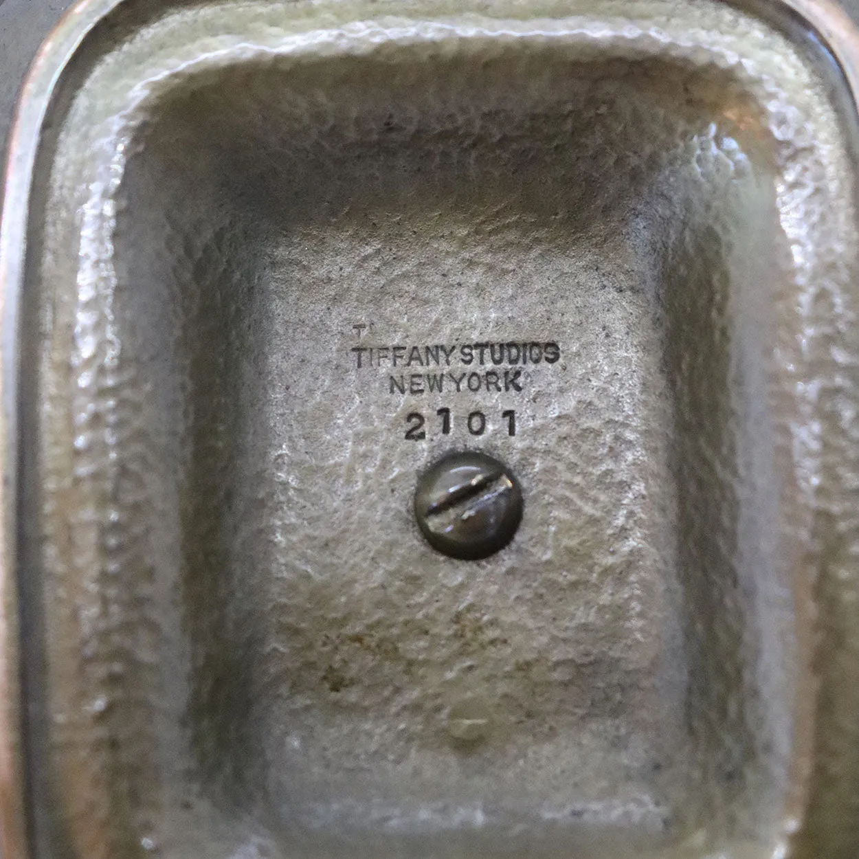American Tiffany Studios Bronze Matchbox Holder and Ashtray Stand