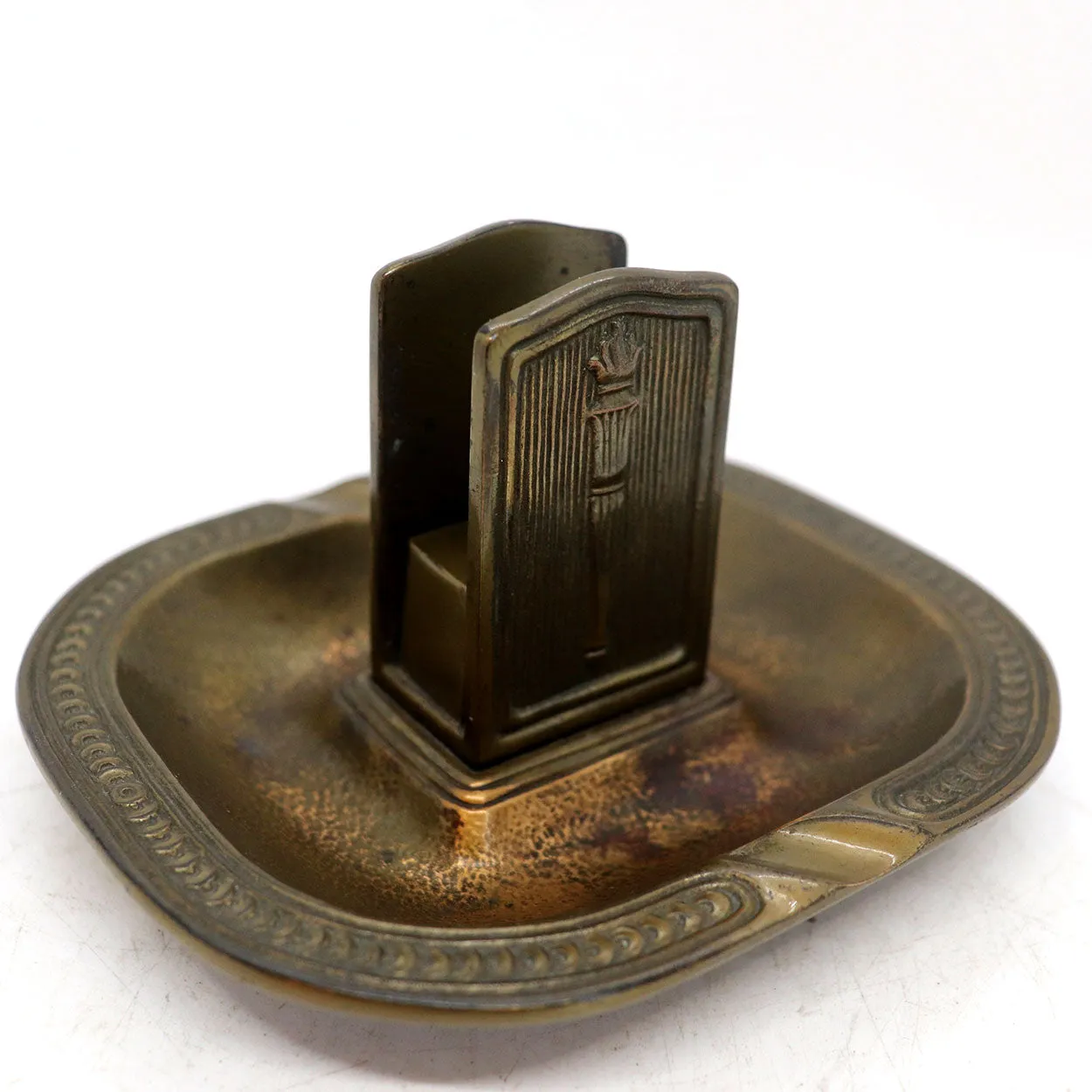 American Tiffany Studios Bronze Matchbox Holder and Ashtray Stand
