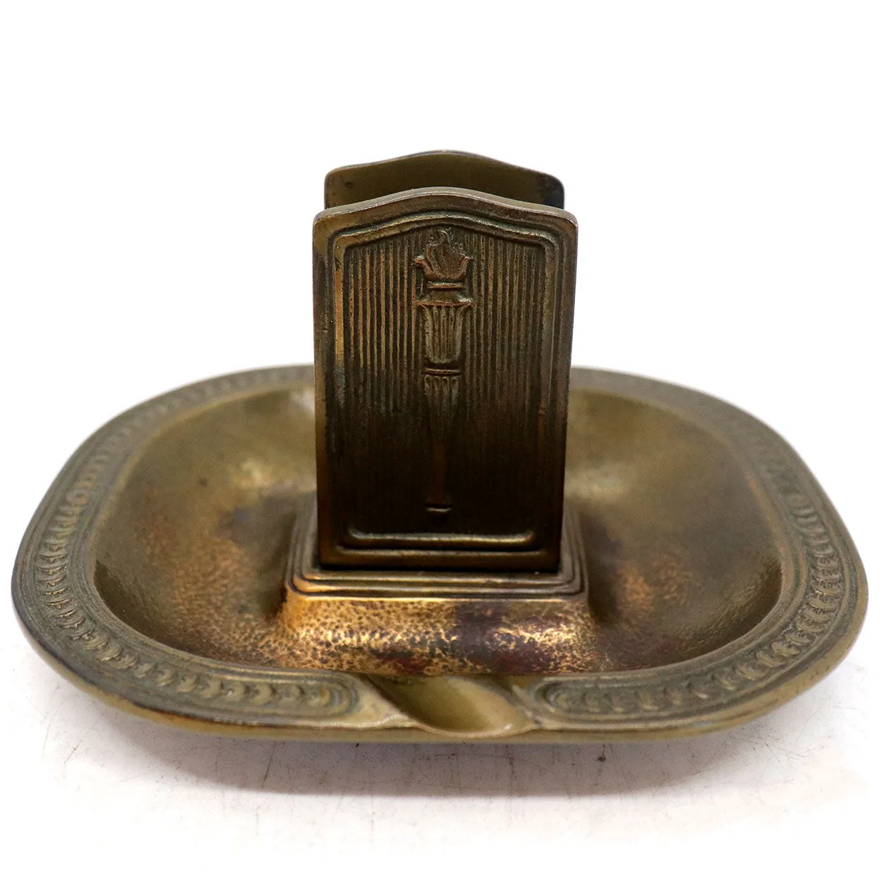 American Tiffany Studios Bronze Matchbox Holder and Ashtray Stand