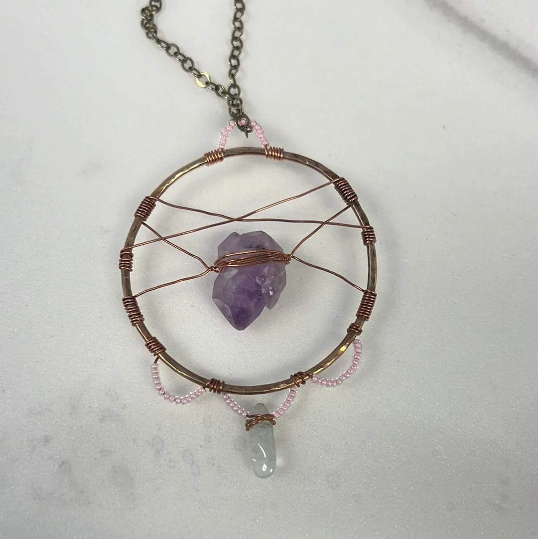 Amethyst Crystal & Aquamarine Dream Catcher Necklace | Handcrafted Jewelry