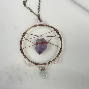 Amethyst Crystal & Aquamarine Dream Catcher Necklace | Handcrafted Jewelry