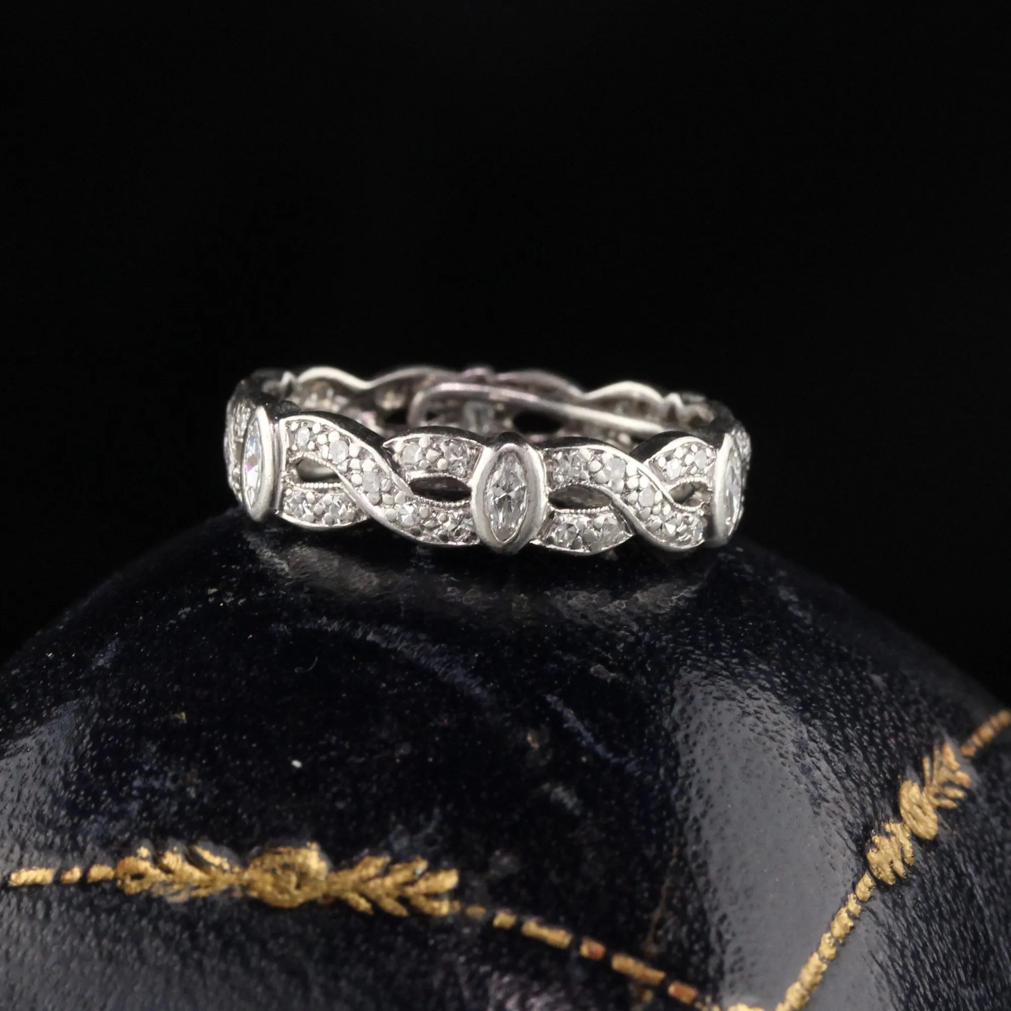 Antique Art Deco Platinum Diamond Marquise Single Cut Braid Eternity Band