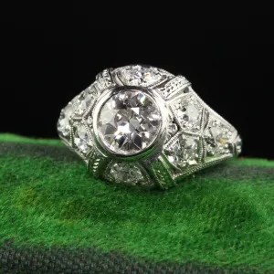 Antique Art Deco Platinum Old European Diamond Engraved Engagement Ring