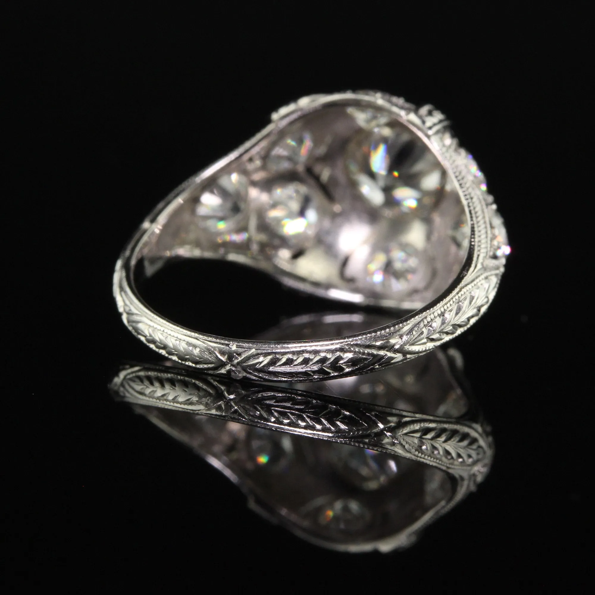 Antique Art Deco Platinum Old European Diamond Engraved Engagement Ring