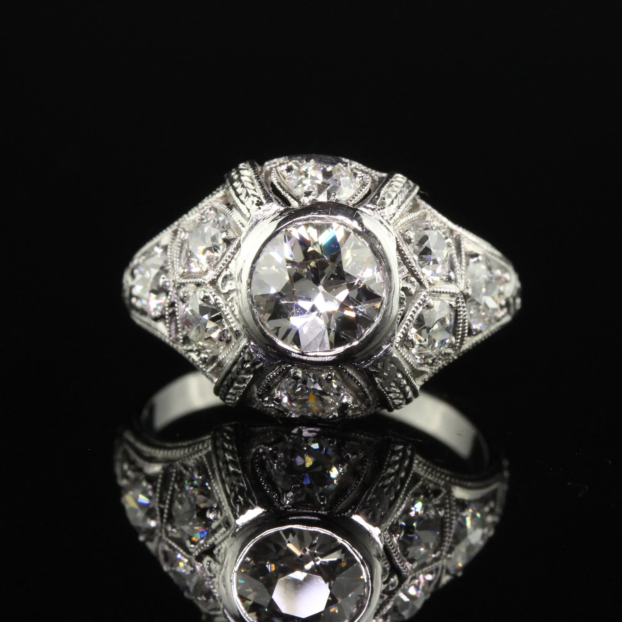 Antique Art Deco Platinum Old European Diamond Engraved Engagement Ring