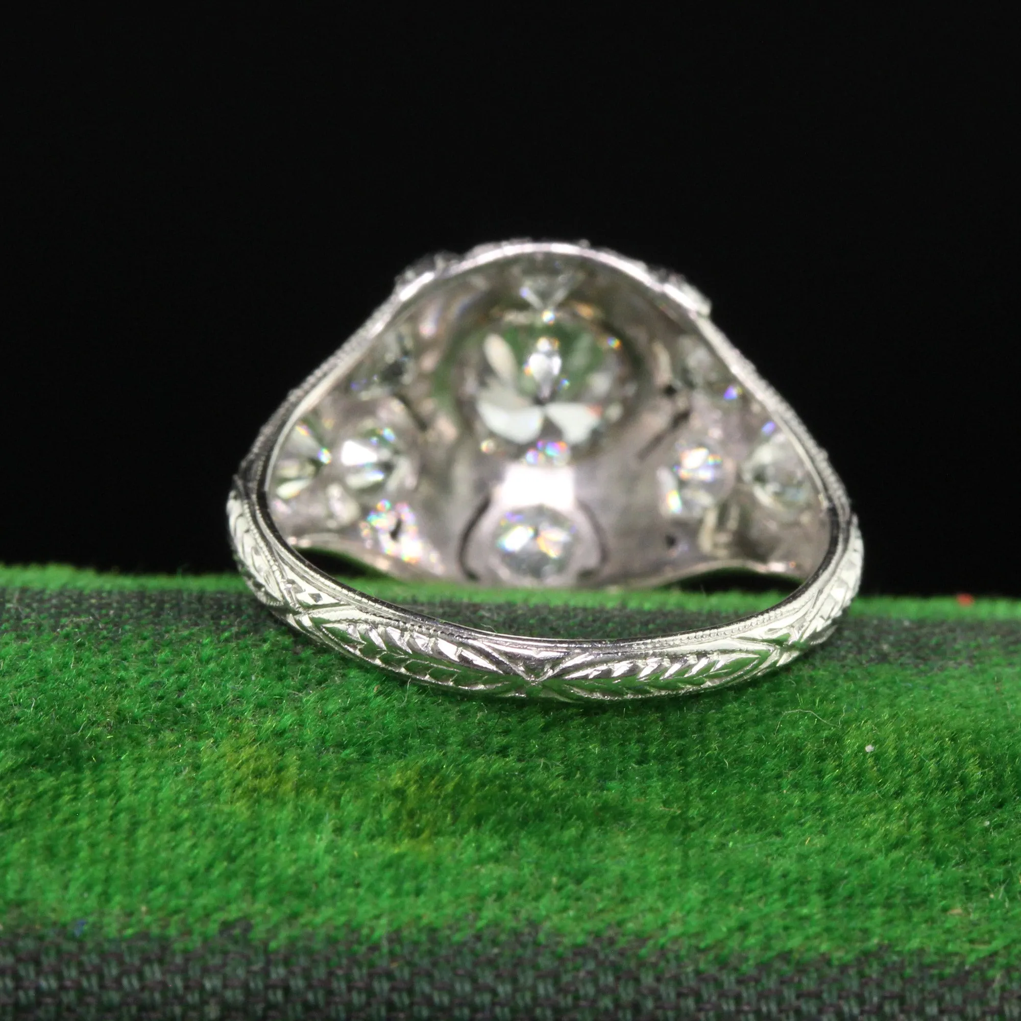 Antique Art Deco Platinum Old European Diamond Engraved Engagement Ring