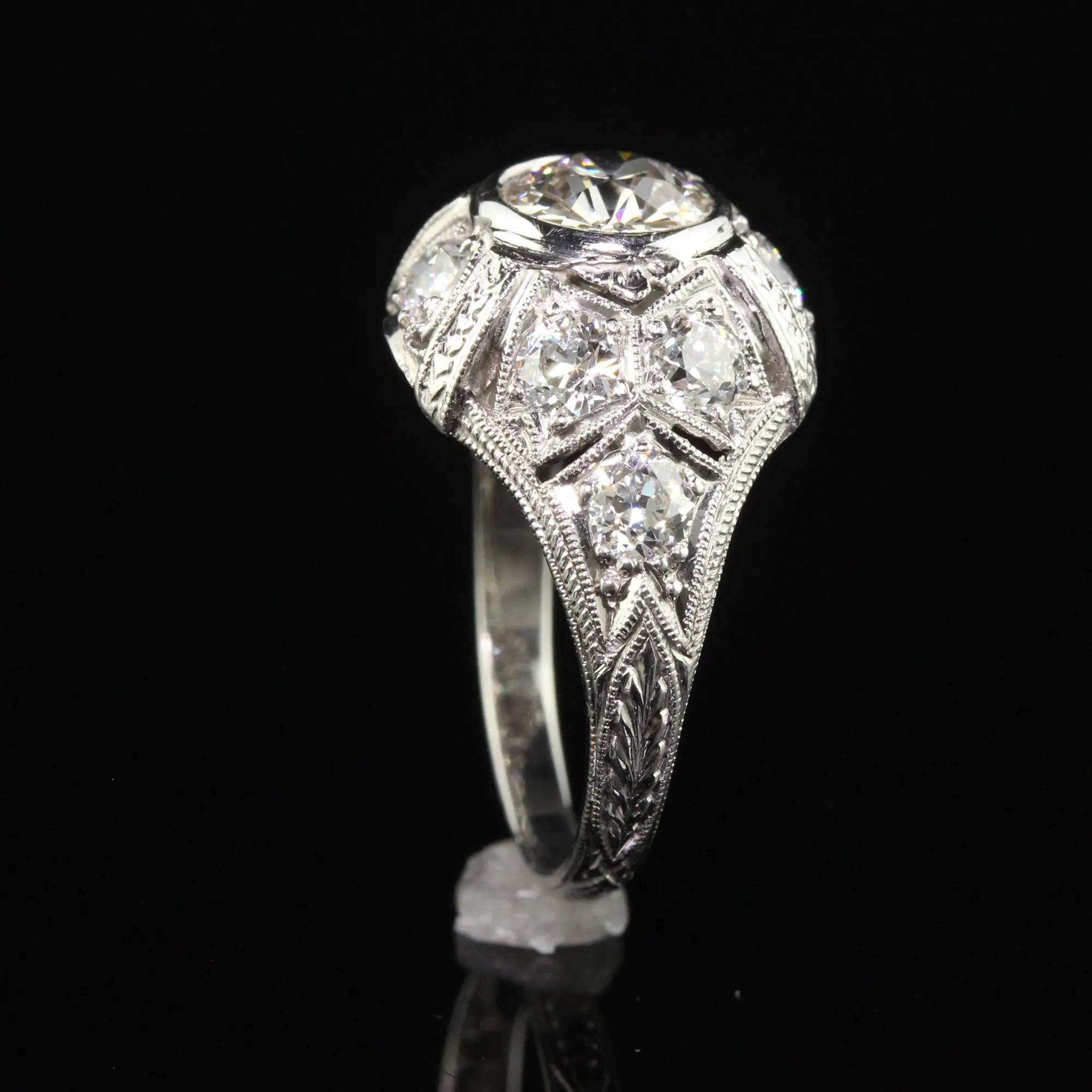 Antique Art Deco Platinum Old European Diamond Engraved Engagement Ring