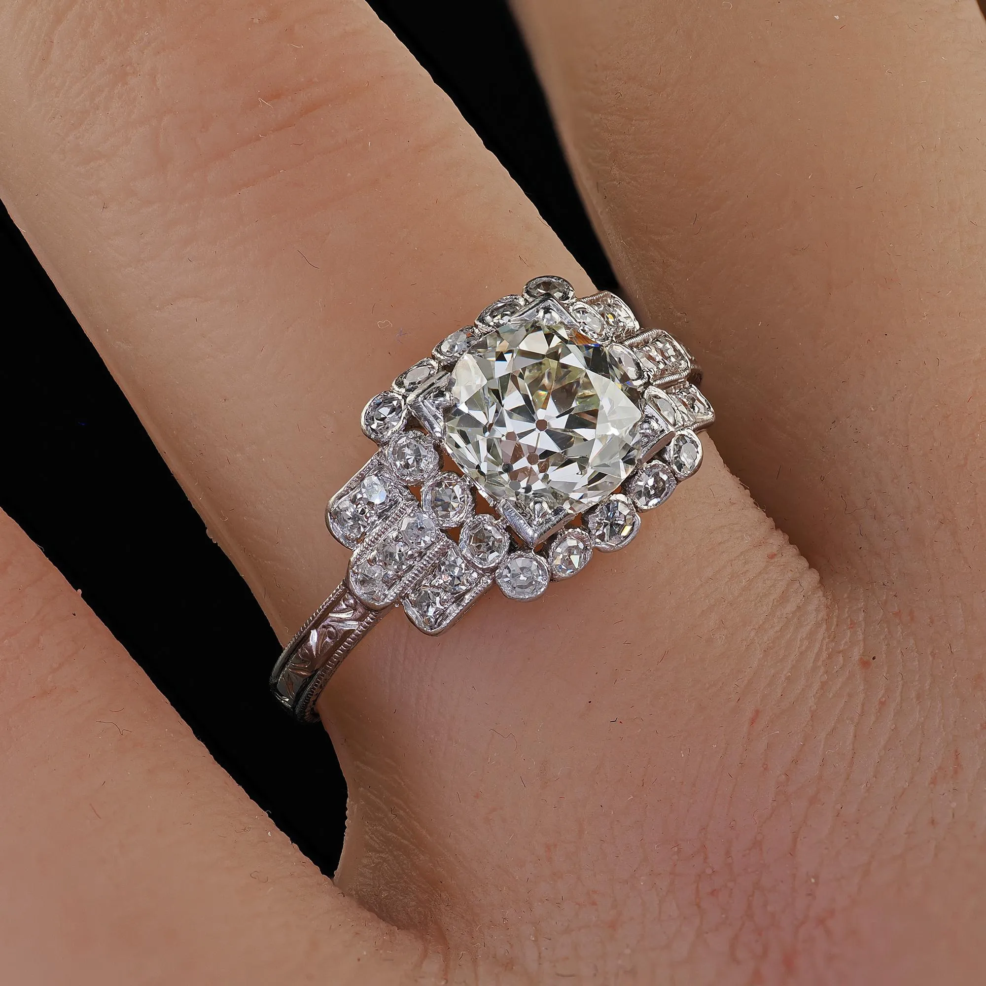 Antique Art Deco Platinum Old Mine Diamond Engagement Ring - GIA