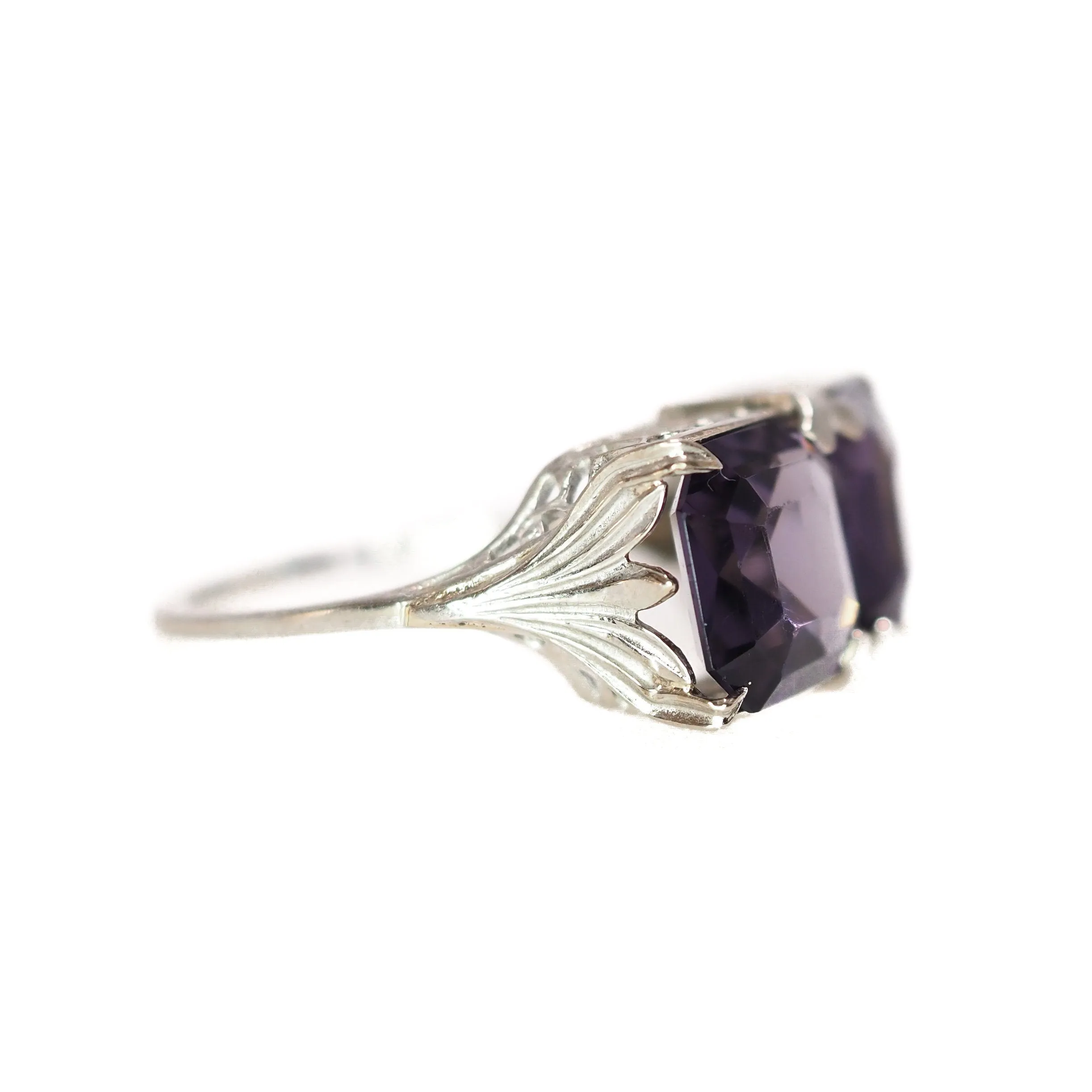 Antique Art Deco Purple Glass, Gold Ring - 1920s Glass and 10K White Gold Filigree Two Stone Ring Size 5.25 - Deco Filigree Gold Ring