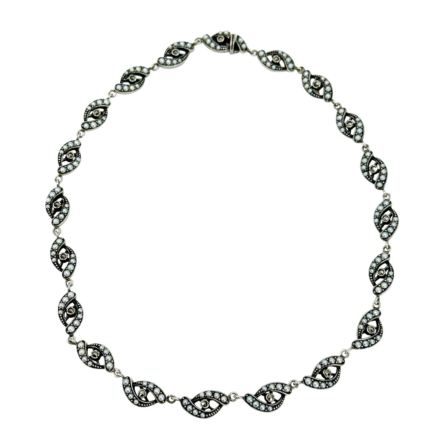 Antique Art Deco Seed Pearl Riviere Style Station Marcasite Link Choker Necklace- Sterling Silver 15 Inch