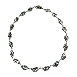 Antique Art Deco Seed Pearl Riviere Style Station Marcasite Link Choker Necklace- Sterling Silver 15 Inch