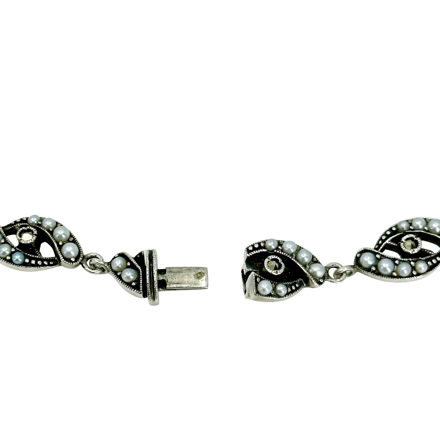Antique Art Deco Seed Pearl Riviere Style Station Marcasite Link Choker Necklace- Sterling Silver 15 Inch