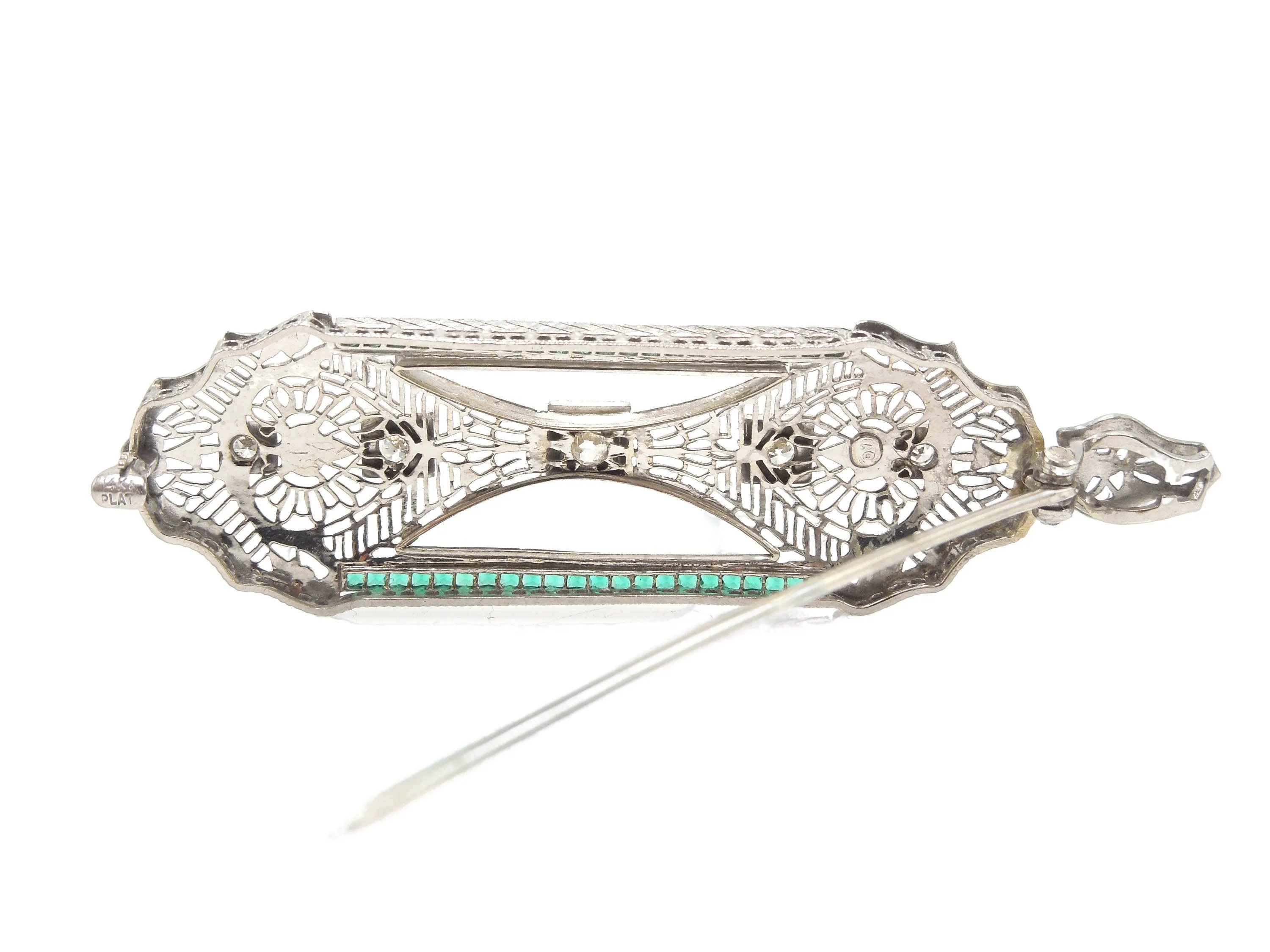 Antique Filigree Platinum Brooch/Bar Pin/Pendant Necklace with Diamonds and Emeralds