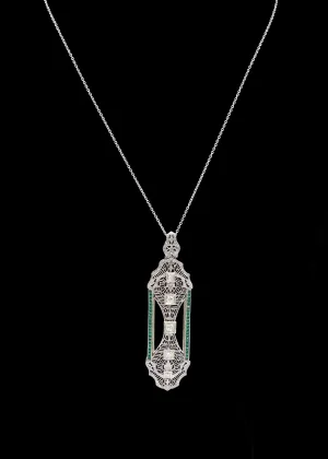 Antique Filigree Platinum Brooch/Bar Pin/Pendant Necklace with Diamonds and Emeralds