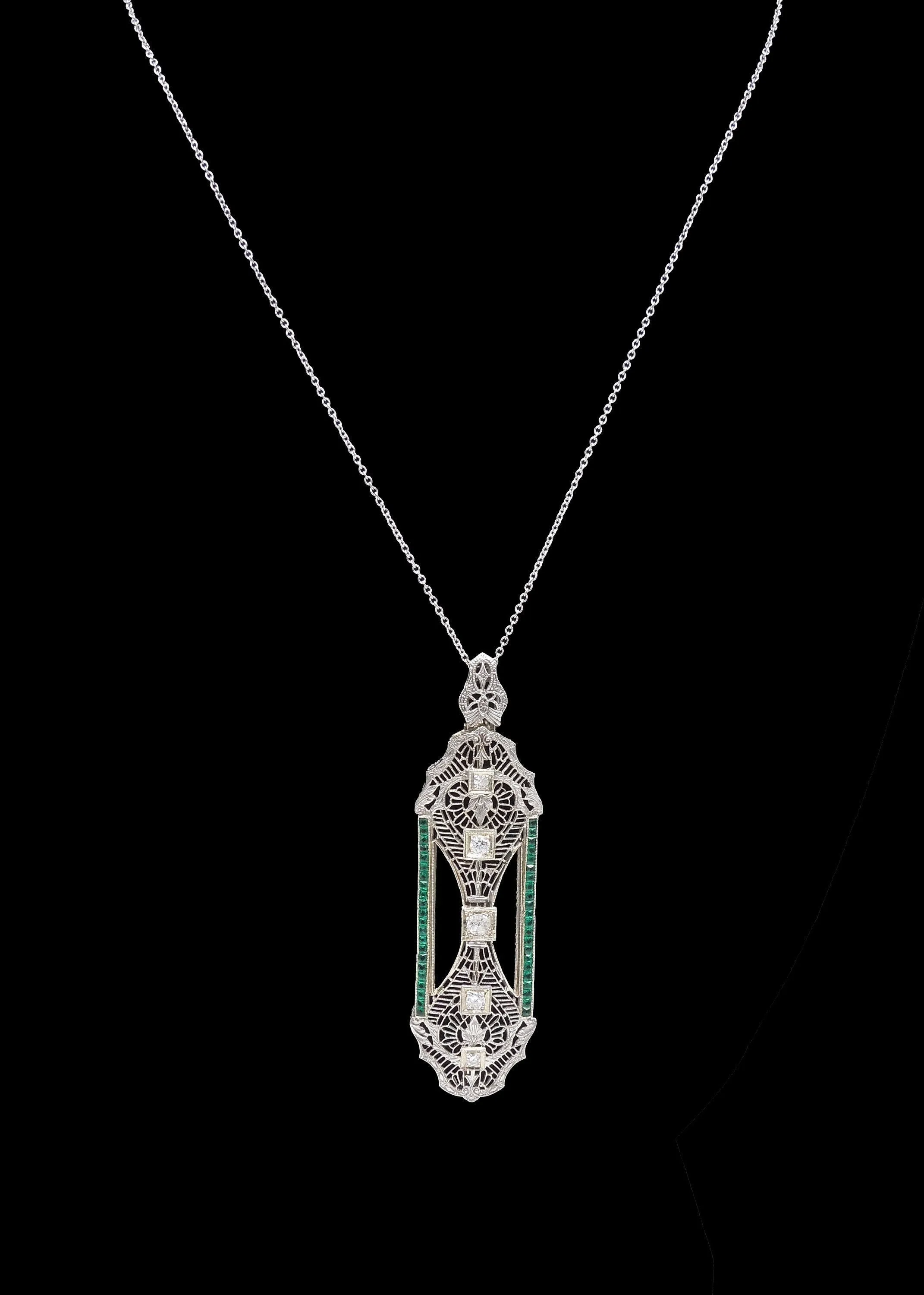 Antique Filigree Platinum Brooch/Bar Pin/Pendant Necklace with Diamonds and Emeralds