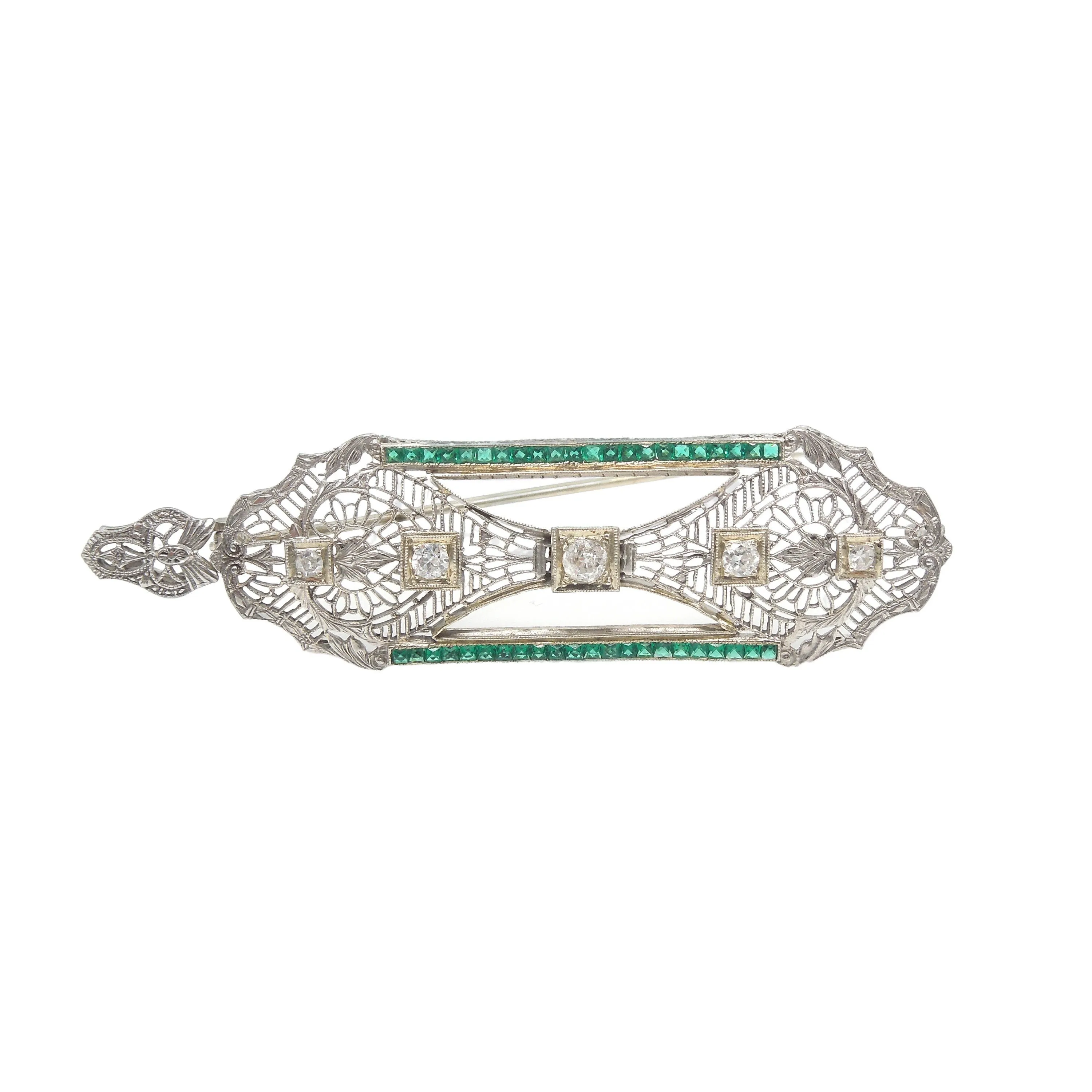 Antique Filigree Platinum Brooch/Bar Pin/Pendant Necklace with Diamonds and Emeralds