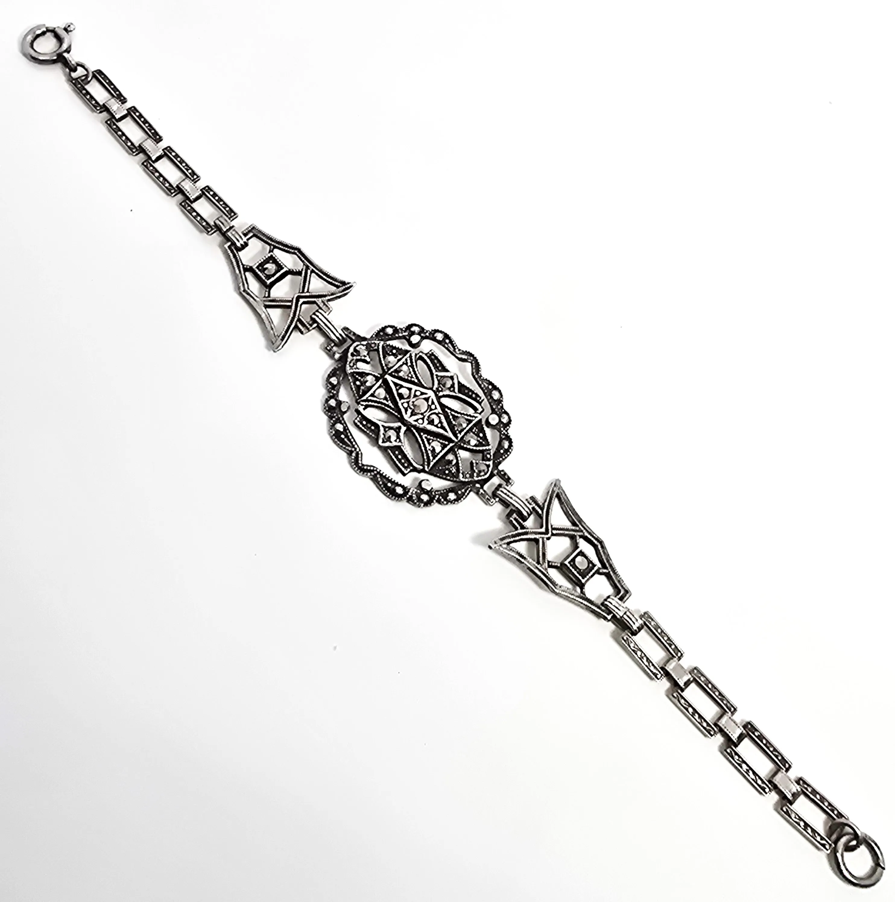 Antique German Marcasite open work antique Art Deco sterling silver 6 inch bracelet