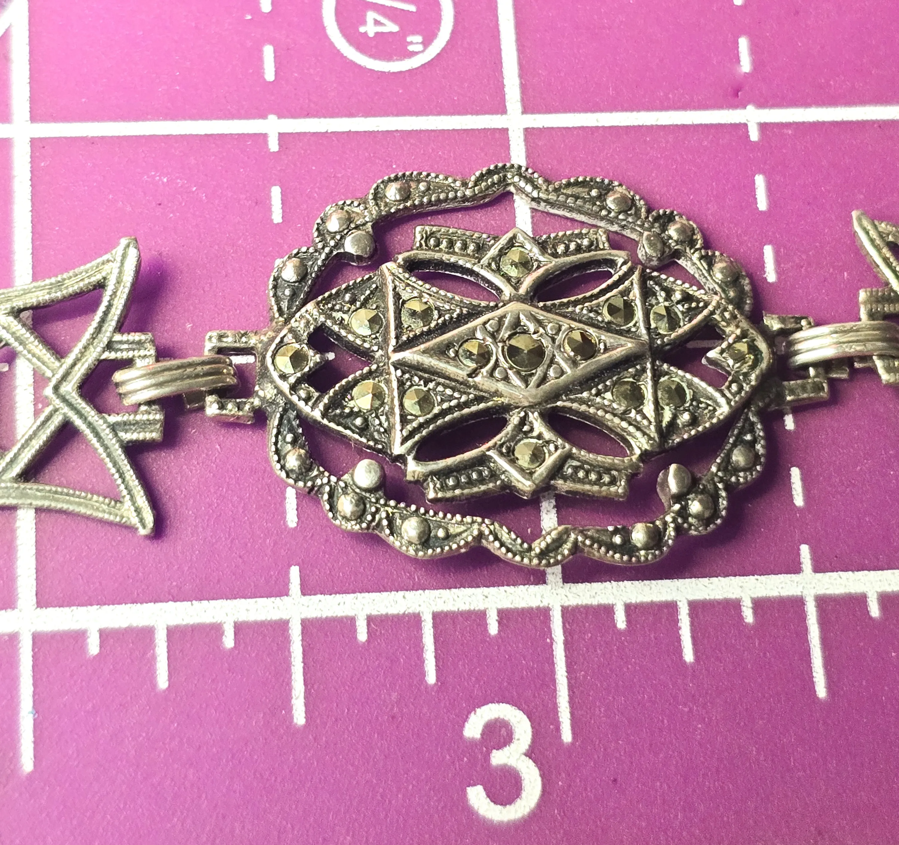 Antique German Marcasite open work antique Art Deco sterling silver 6 inch bracelet