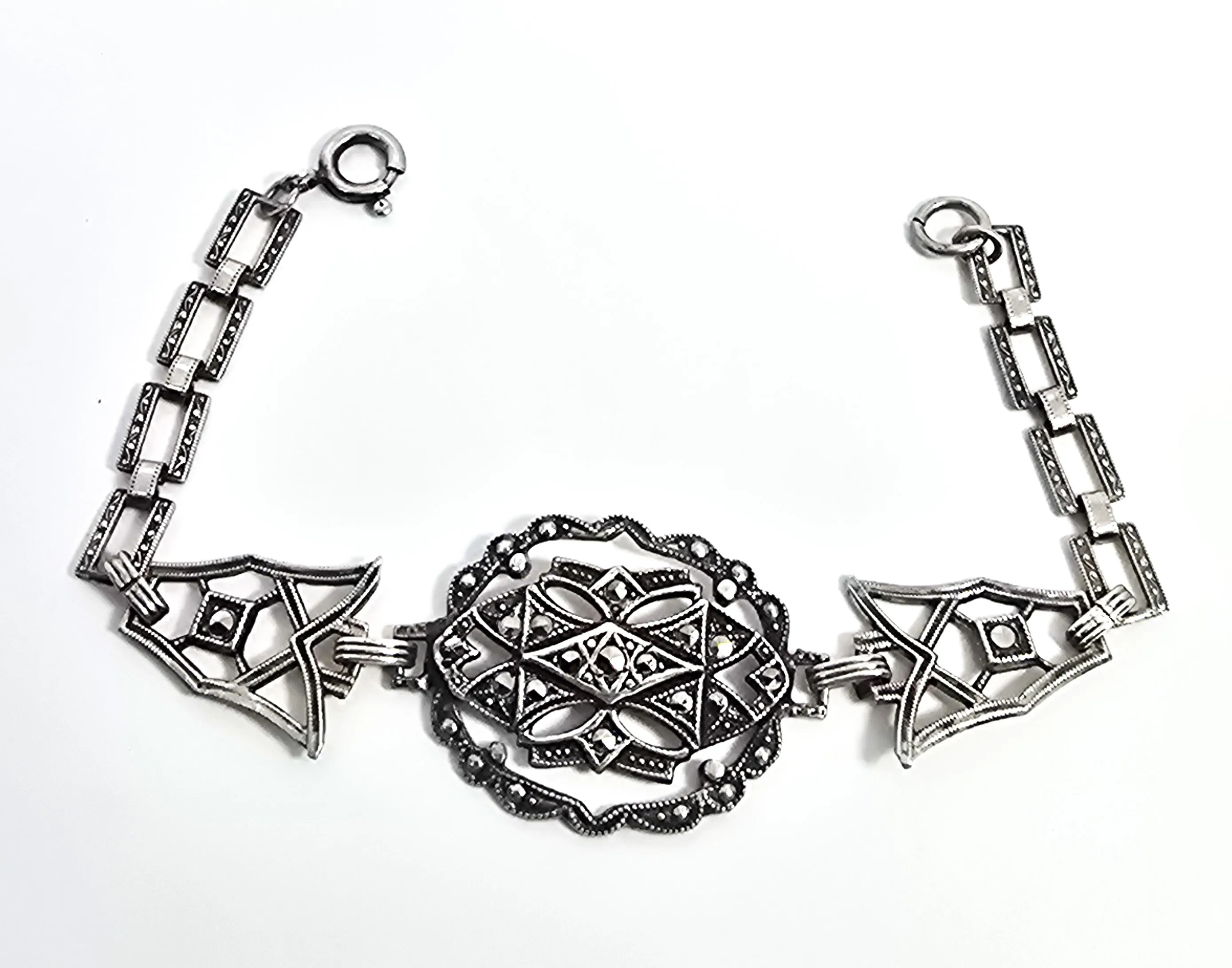 Antique German Marcasite open work antique Art Deco sterling silver 6 inch bracelet