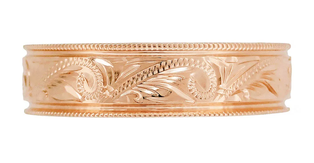 Antique Hand Carved Scrolls Art Deco Mens Western Wedding Band in 14K Rose Gold - 6mm Wide