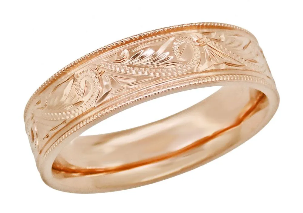 Antique Hand Carved Scrolls Art Deco Mens Western Wedding Band in 14K Rose Gold - 6mm Wide