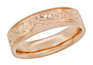 Antique Hand Carved Scrolls Art Deco Mens Western Wedding Band in 14K Rose Gold - 6mm Wide
