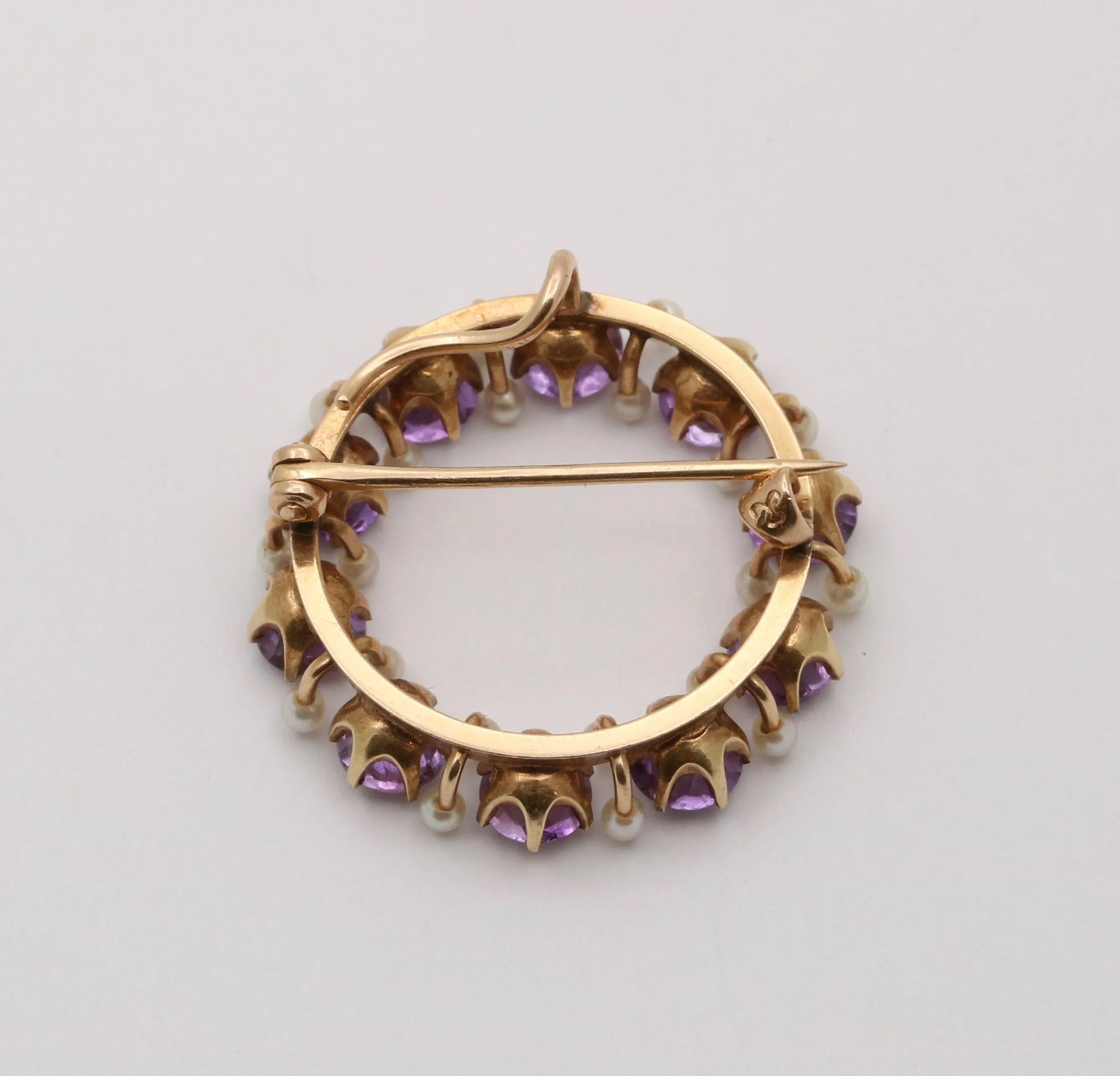 Antique Krementz Amethyst & Pearl Circle Pin