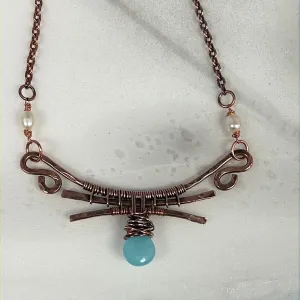 Aqua Chalcedony & Pearl Copper Necklace | Handcrafted Artisan Jewelry