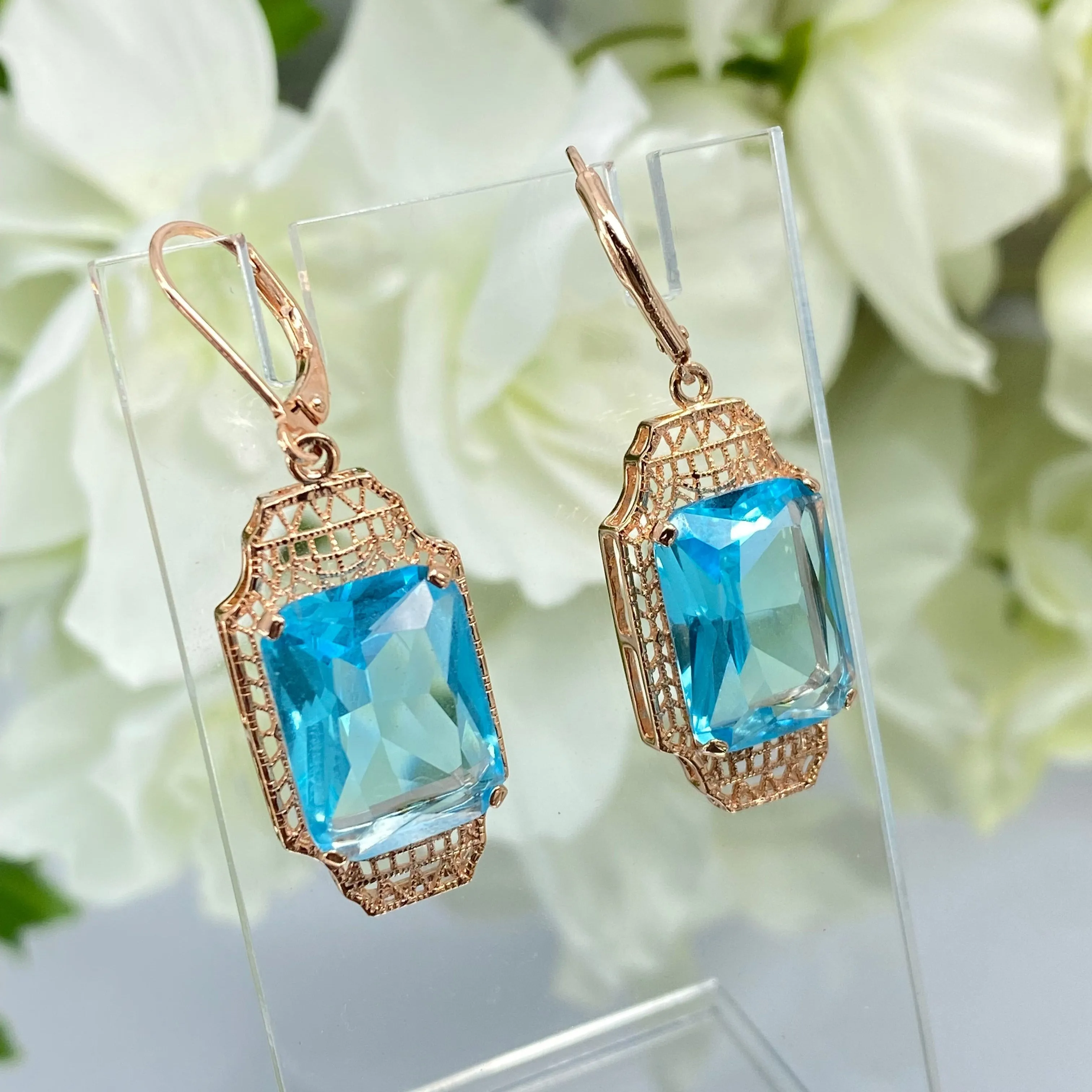 Aquamarine Earrings, Rose Gold Overlay, Rectangle Gems, Art Deco Lantern-style Silver Filigree #E13 - Ready to Ship