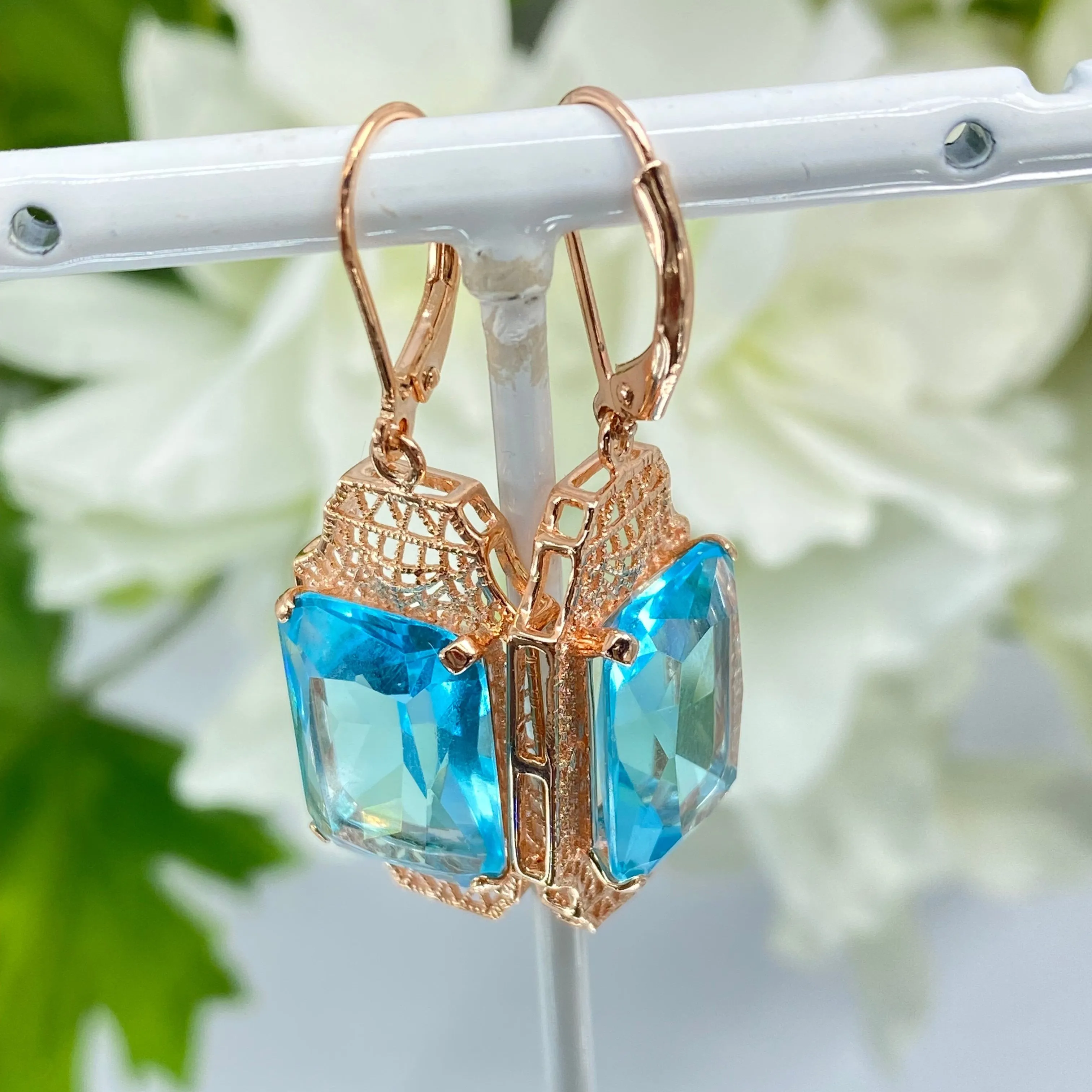 Aquamarine Earrings, Rose Gold Overlay, Rectangle Gems, Art Deco Lantern-style Silver Filigree #E13 - Ready to Ship