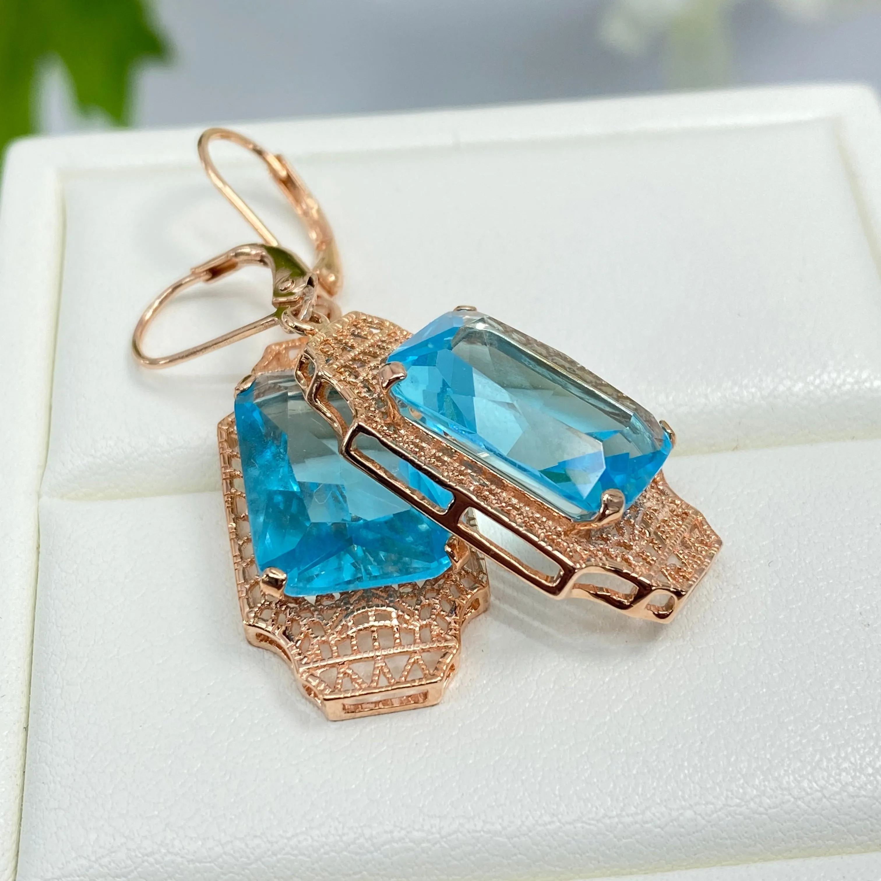 Aquamarine Earrings, Rose Gold Overlay, Rectangle Gems, Art Deco Lantern-style Silver Filigree #E13 - Ready to Ship