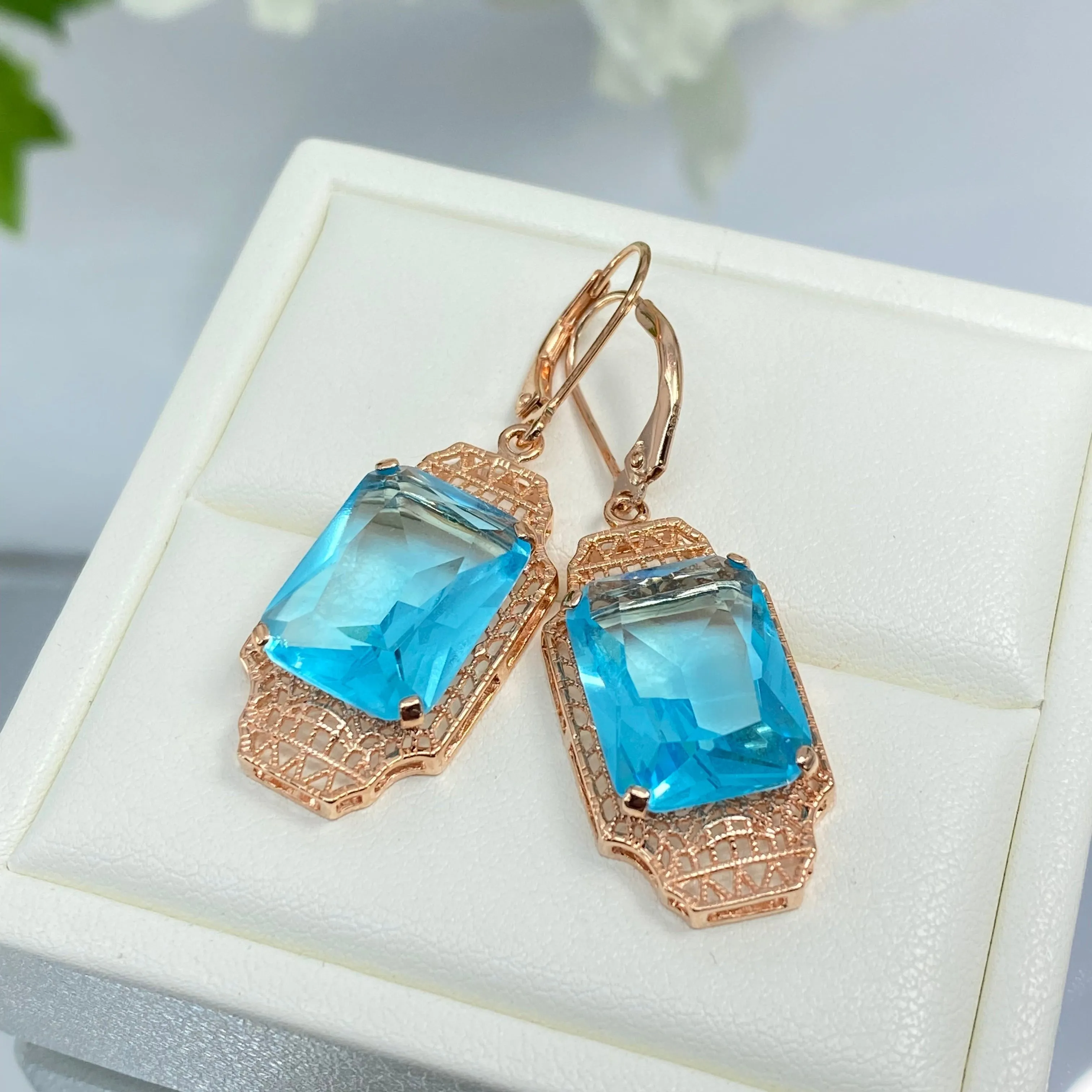 Aquamarine Earrings, Rose Gold Overlay, Rectangle Gems, Art Deco Lantern-style Silver Filigree #E13 - Ready to Ship