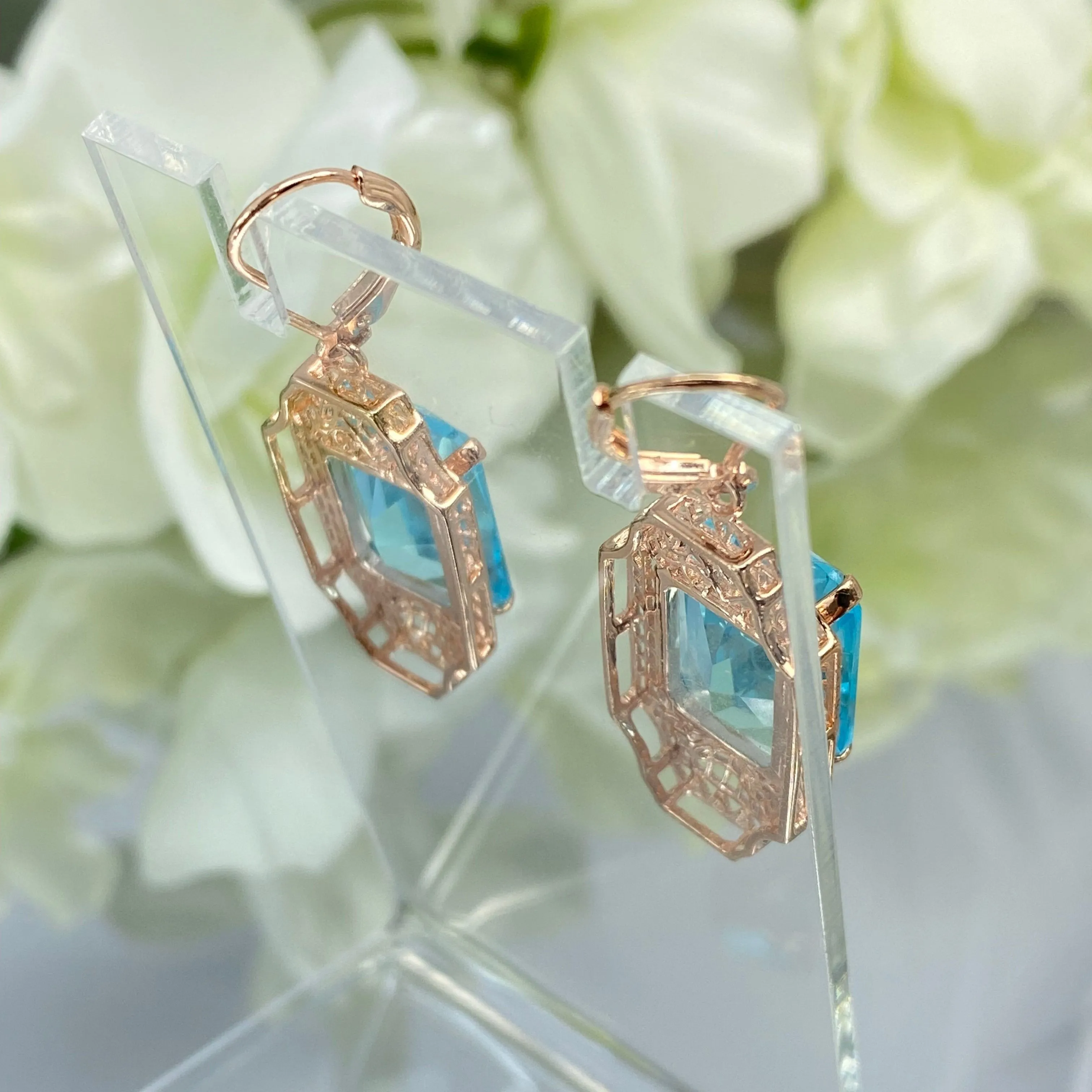 Aquamarine Earrings, Rose Gold Overlay, Rectangle Gems, Art Deco Lantern-style Silver Filigree #E13 - Ready to Ship