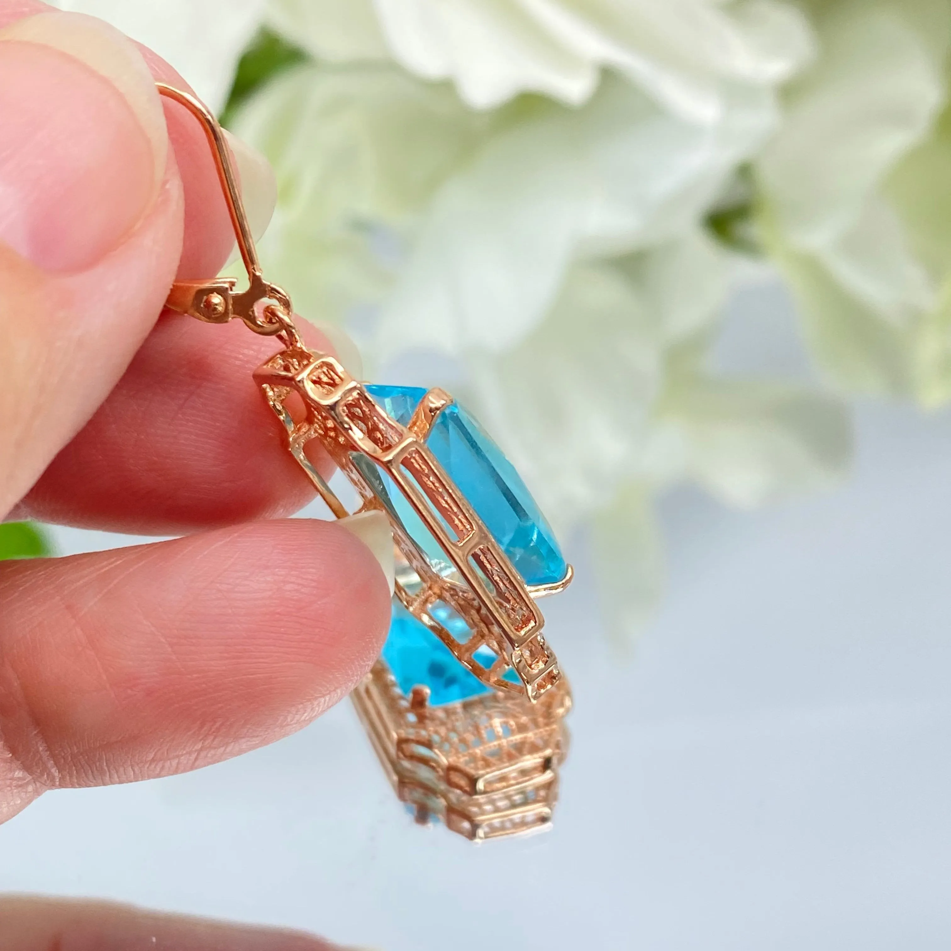 Aquamarine Earrings, Rose Gold Overlay, Rectangle Gems, Art Deco Lantern-style Silver Filigree #E13 - Ready to Ship