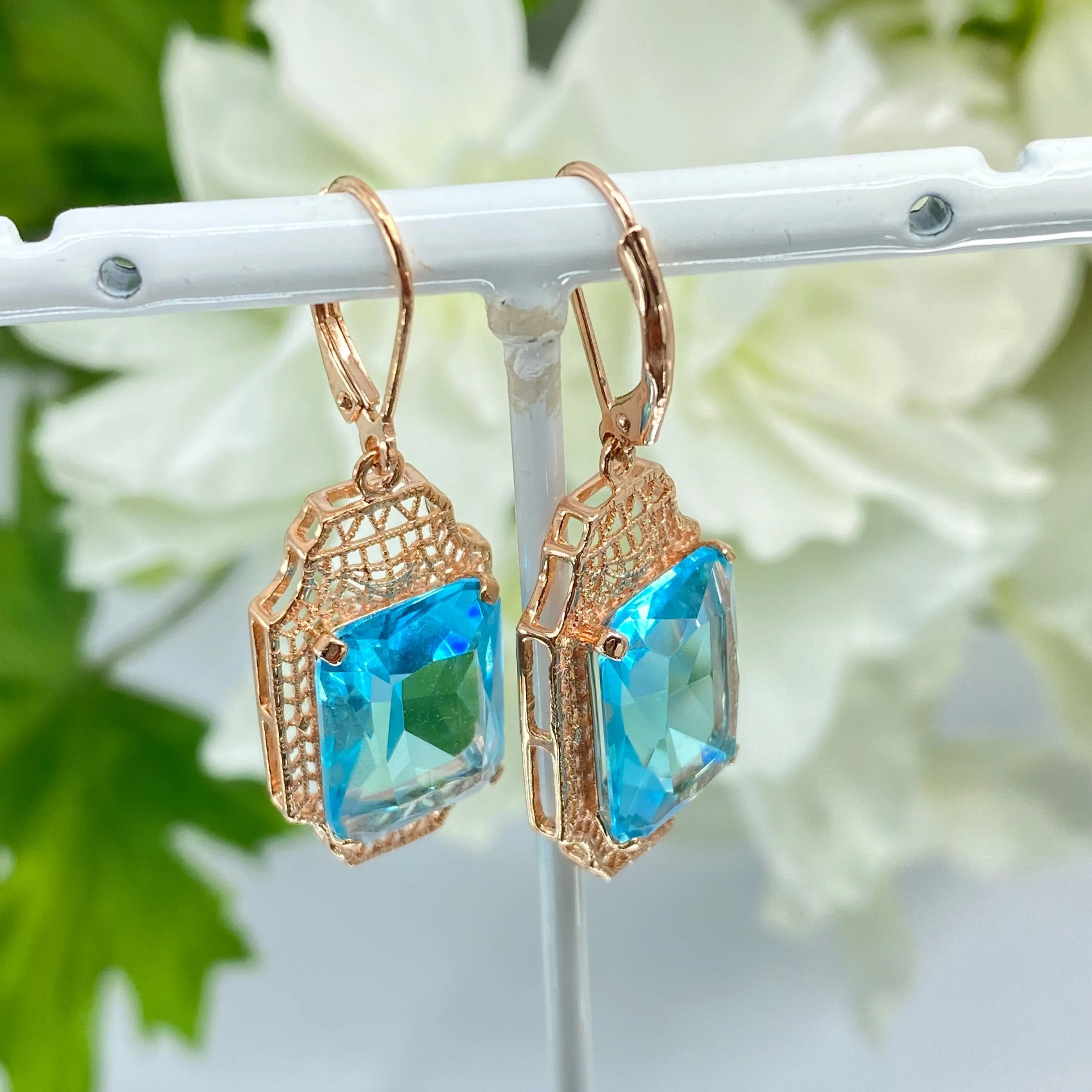 Aquamarine Earrings, Rose Gold Overlay, Rectangle Gems, Art Deco Lantern-style Silver Filigree #E13 - Ready to Ship