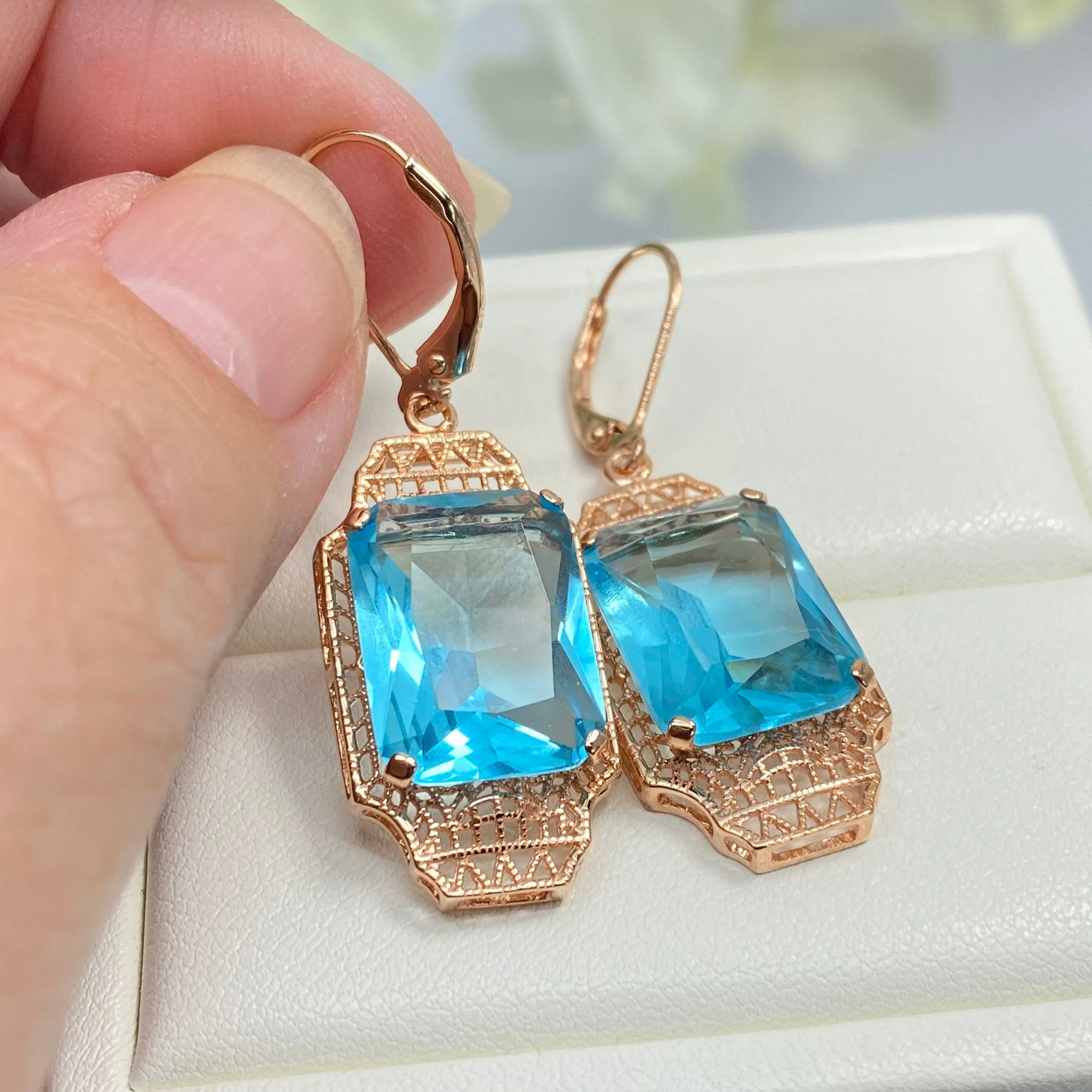 Aquamarine Earrings, Rose Gold Overlay, Rectangle Gems, Art Deco Lantern-style Silver Filigree #E13 - Ready to Ship